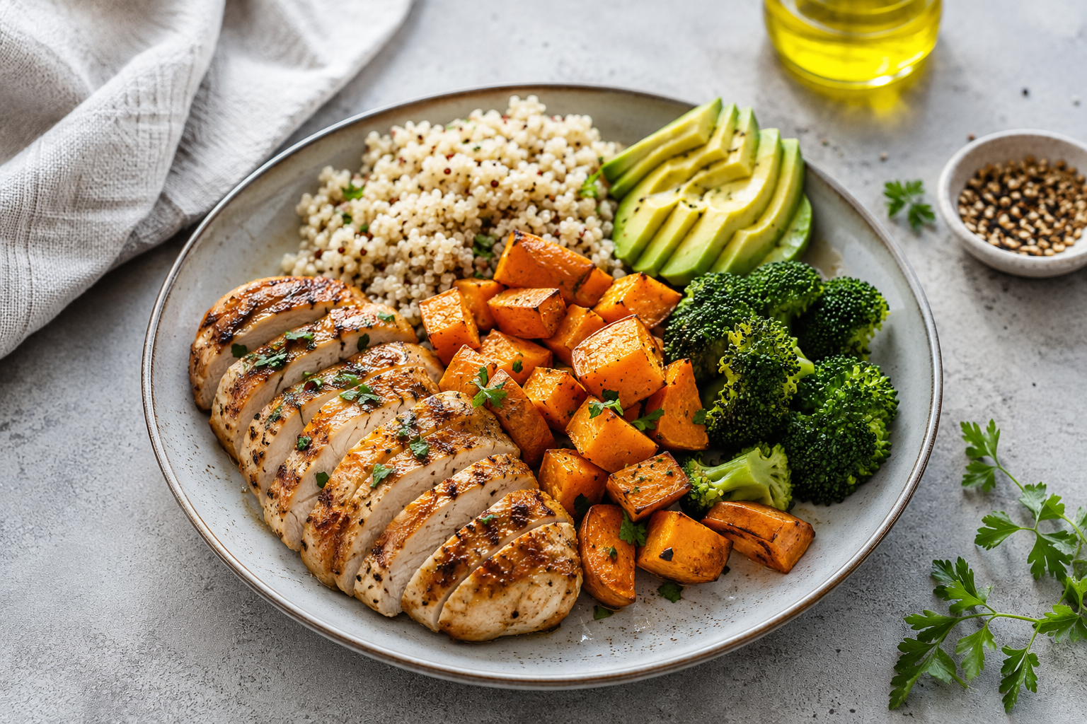 Balanced meal bowl showing calories and macros