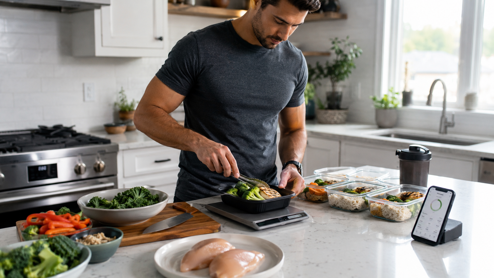 Healthy meal prep on a kitchen counter with balanced ingredients, showing practical calorie deficit meal planning