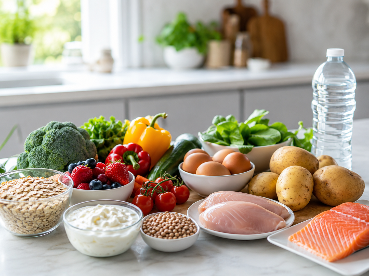 Fresh ingredients such as vegetables, berries, oats, eggs, potatoes, chicken and salmon arranged in a bright kitchen