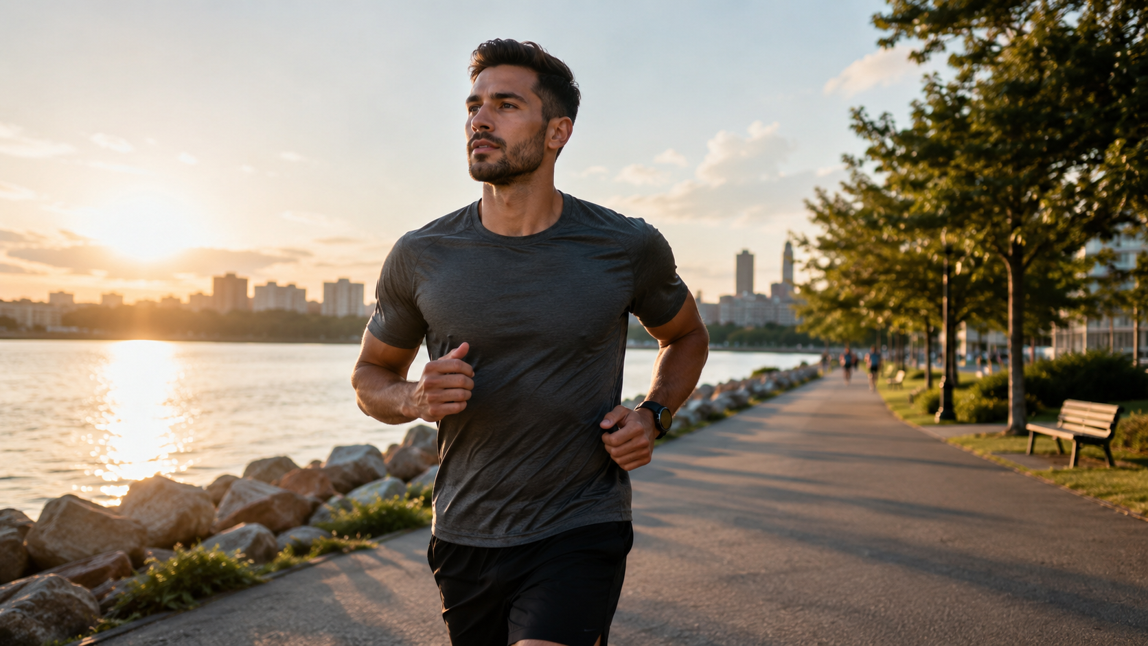 A fit person jogging along the waterfront at golden hour, representing active lifestyle support during a calorie deficit