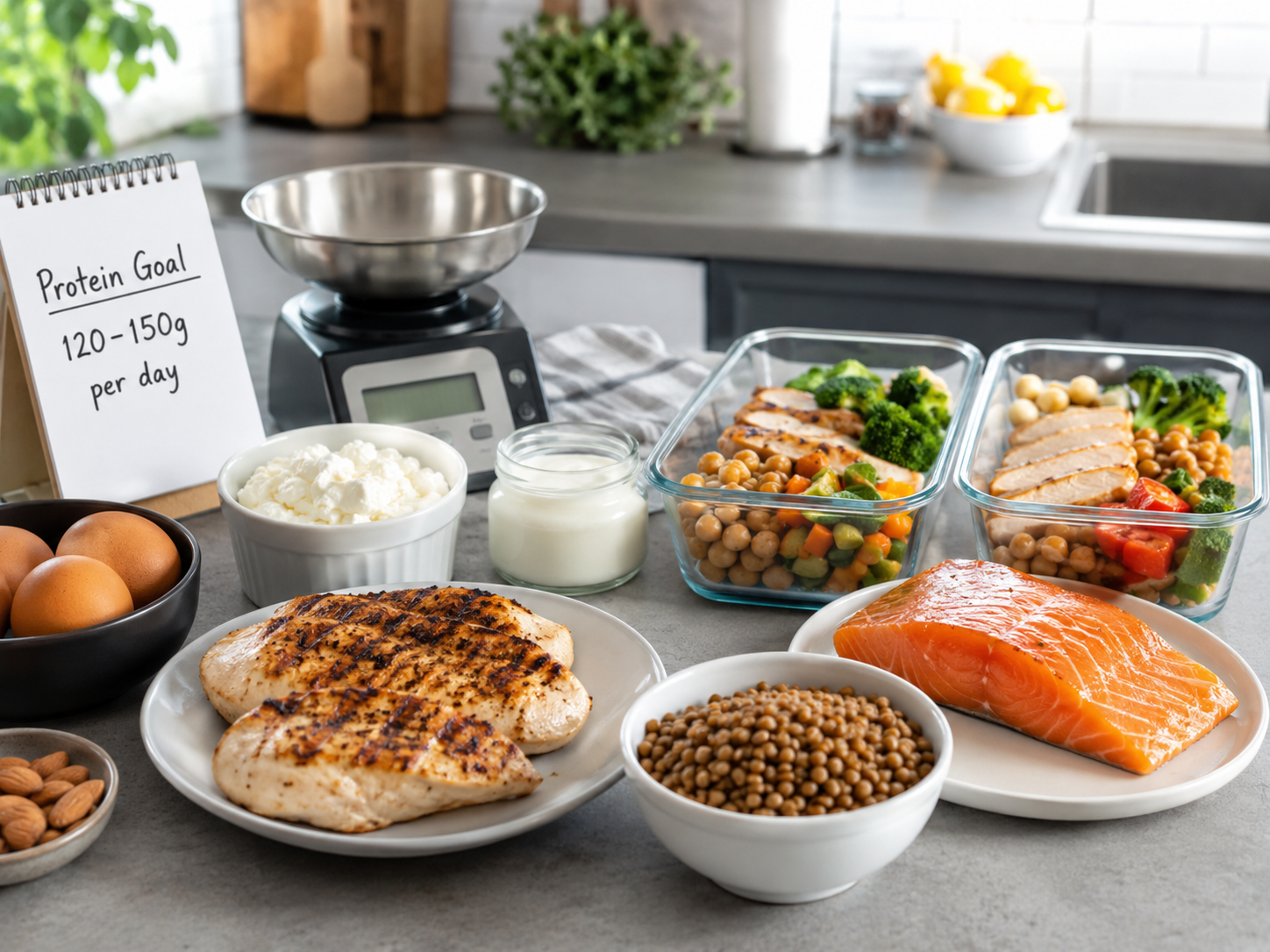 Protein-focused meal prep with chicken, salmon, eggs, lentils and a kitchen scale