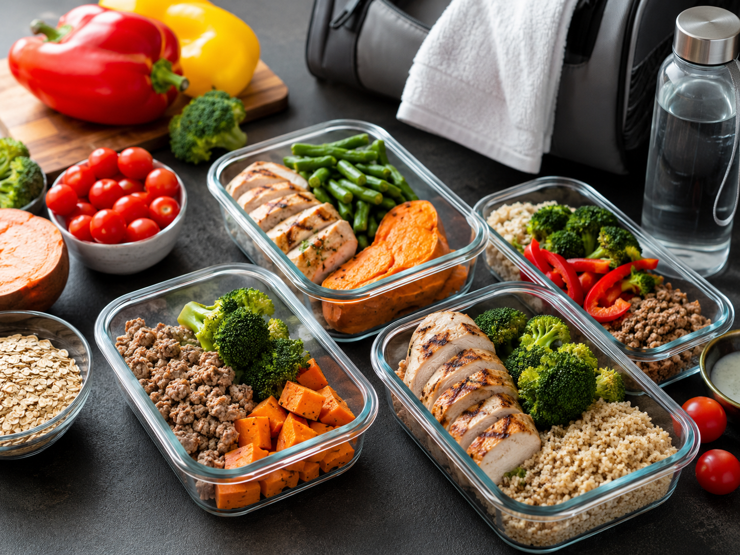 Prepared healthy meals with vegetables, protein, grains and meal prep essentials on a dark table