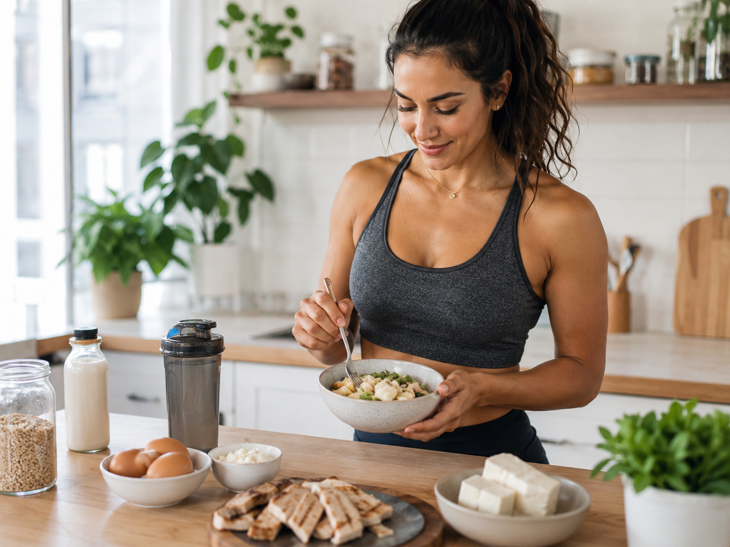 Fitness-focused person eating a protein-rich meal in a modern kitchen