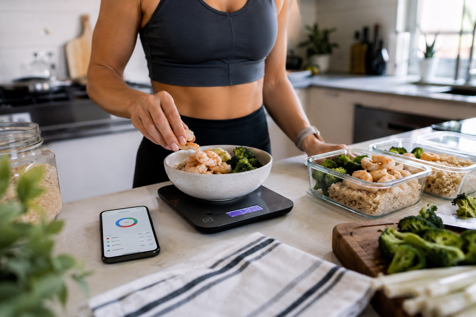 Macro tracking kitchen scale with a balanced meal and calorie target