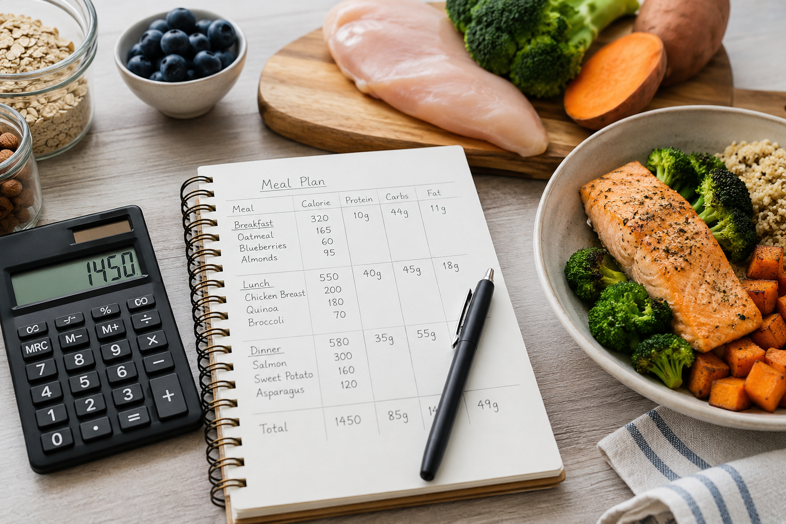 Macro-friendly meal plate with protein, carbs, vegetables and healthy fats