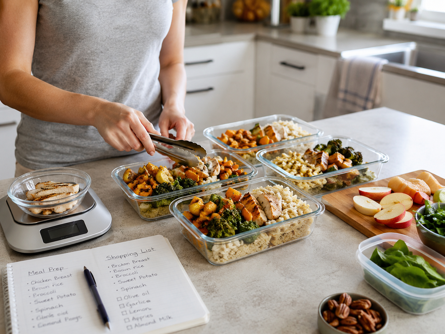 Meal prep containers, kitchen scale and shopping list on a modern kitchen counter